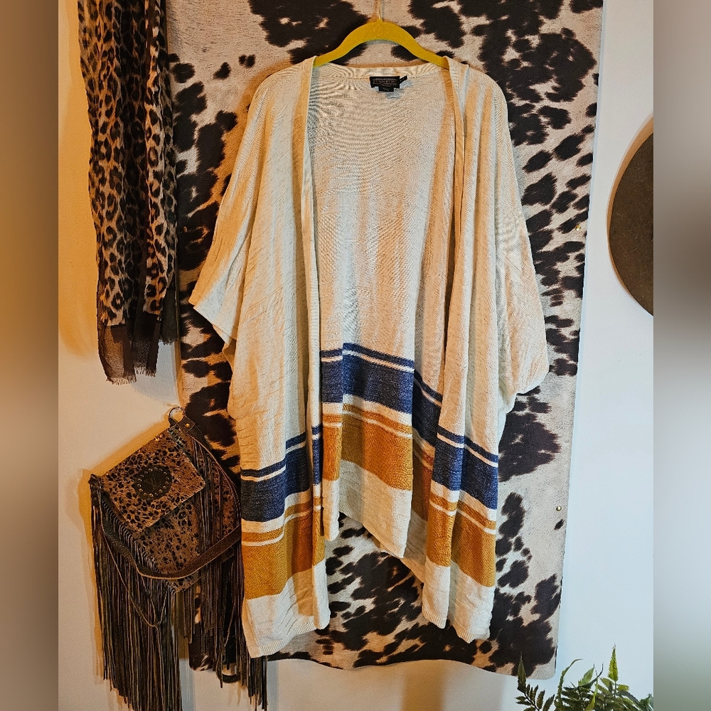 Pendleton Cream Open Front Cardigan with Blue and Mustard Stripes